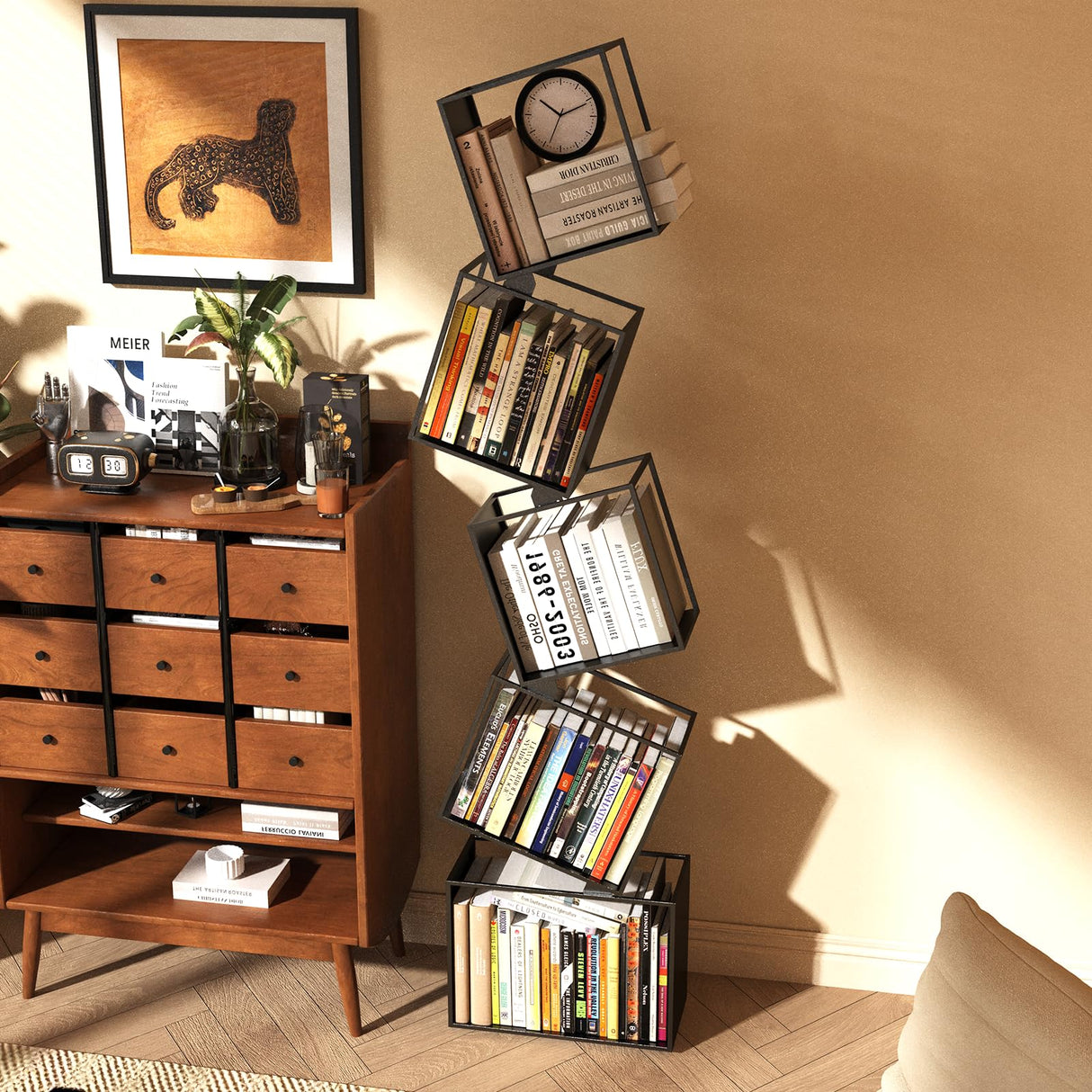 Kunicely 5-Tier Metal Geometric Bookshelf – Modern Narrow Floor Bookcase, Space-Saving Organizer for Living Room, Bedroom, Office, Corner – Black Kunicely