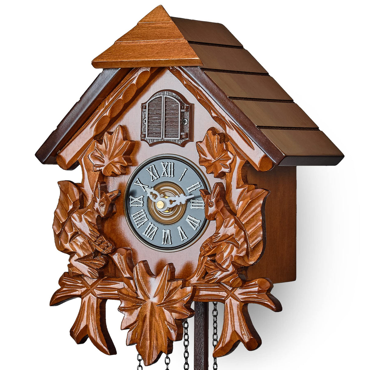 TIMEGEAR Cuckoo Wall Clock with Night Mode in Traditional German Style with Carved Squirrels (Cherry) TIMEGEAR