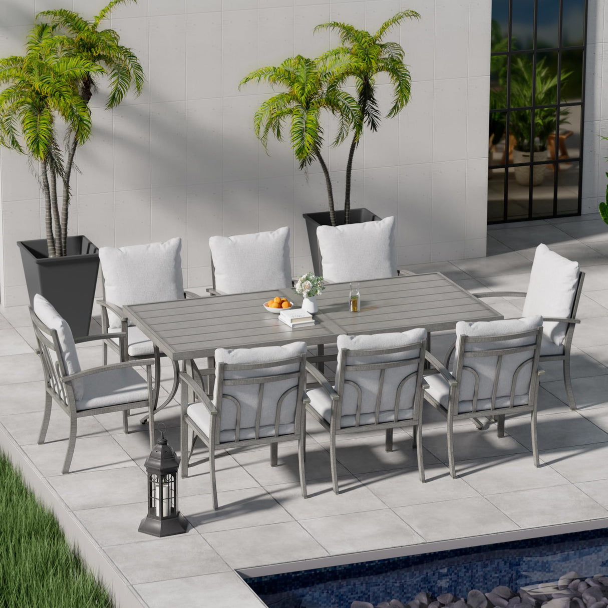 HAPPATIO 9-Piece Patio Dining Set - All Aluminum Table and Chairs for 8, Includes Rectangular Table and 8 Chairs with Cushions, Lawn, Garden HAPPATIO