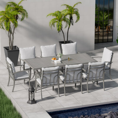 HAPPATIO 9-Piece Patio Dining Set - All Aluminum Table and Chairs for 8, Includes Rectangular Table and 8 Chairs with Cushions, Lawn, Garden