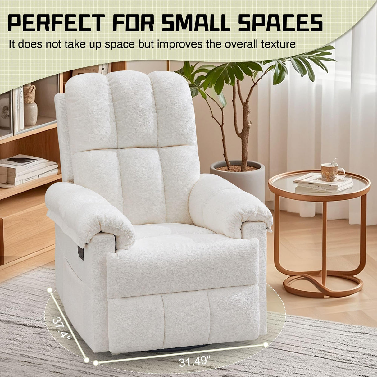 Korser Recliner Chair, Swivel Rocker Recliner Chair for Adults, Small Recliners for Small Spaces, Upholstered Manual Recliner with Side Pockets, Nursery Rocking Chair for Living Room, Chenille, Beige Korser