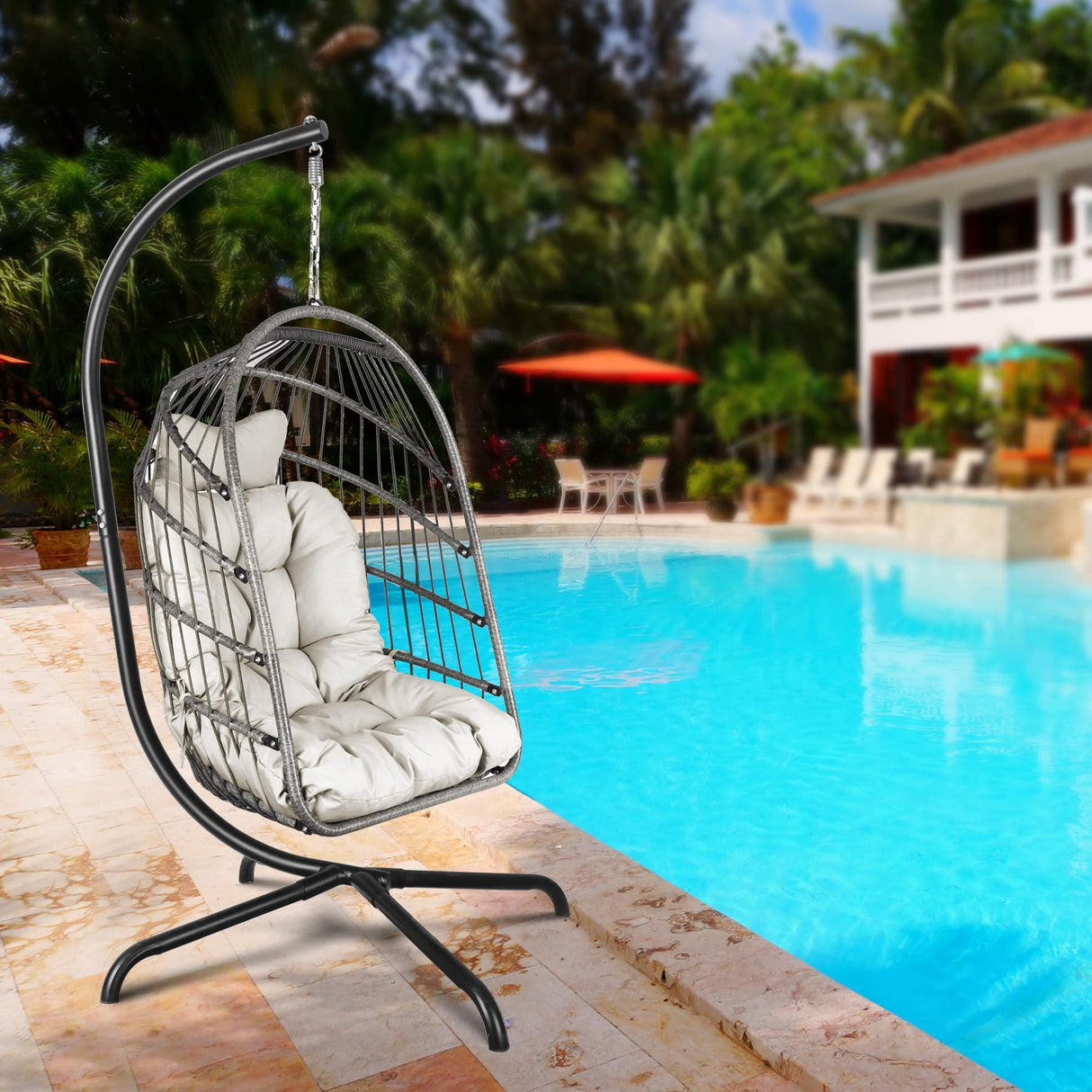 Chihee Egg Chair with Ultra Strong Stand and Cushion Foldable Wicker Rattan Hanging Chair Indoor Outdoor Patio Lounging Chair 330 lbs Capacity Balcony Porch Bedroom Garden Chihee