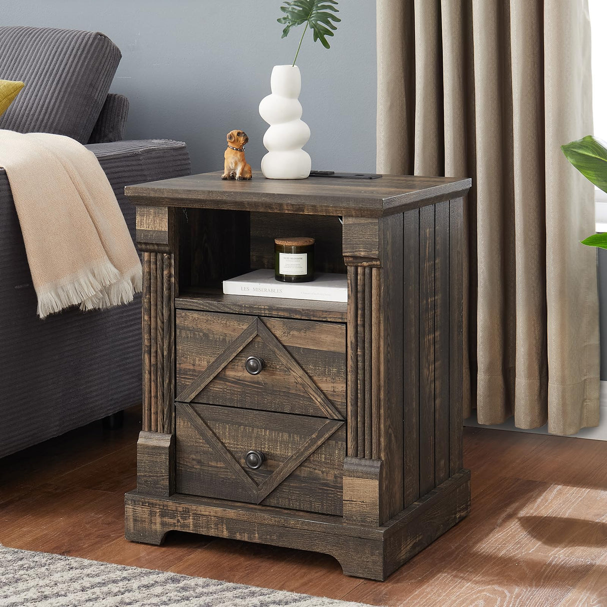 BuildHom Farmhouse Nightstand with Charging Station, 18" Modern Wood Side Table, 2 Drawers End Table & Roman Column Design for Living Room, Bedside Table with Open Shelf for Bed Room, Dark Rustic Oak BuildHom