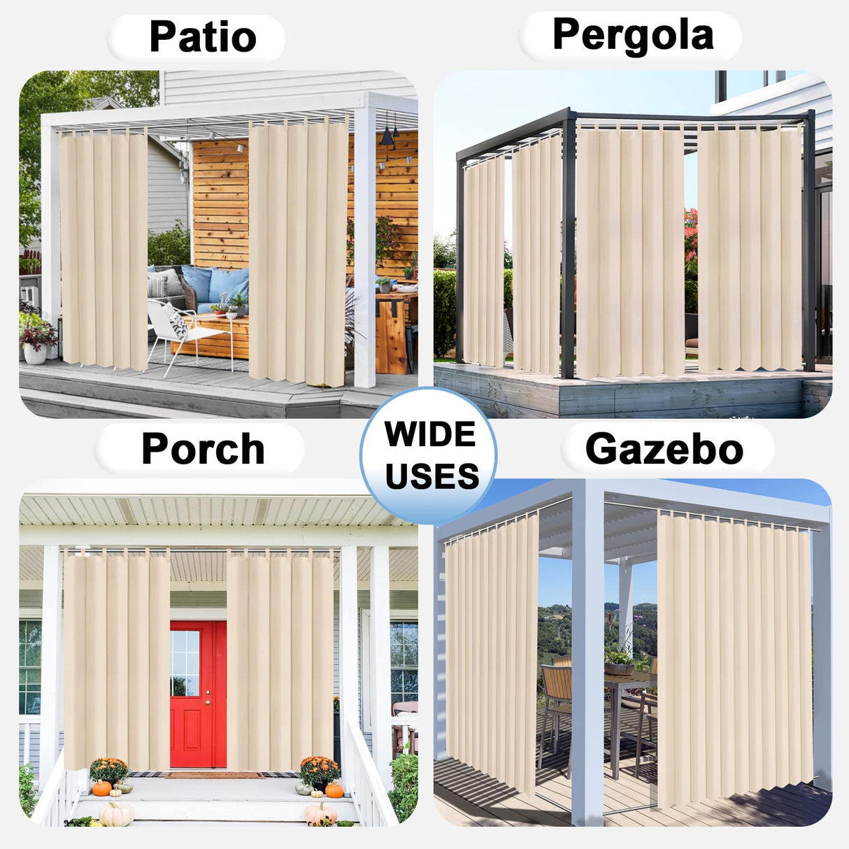OutdoorLines Waterproof Outdoor Curtains for Patio - Windproof Tab Top Gazebo Curtain Panels - Privacy Sun Blocking Outside Curtain Set for Porch, Pergola and Cabana 54 x 84 inch, Beige, 2 Panels OutdoorLines