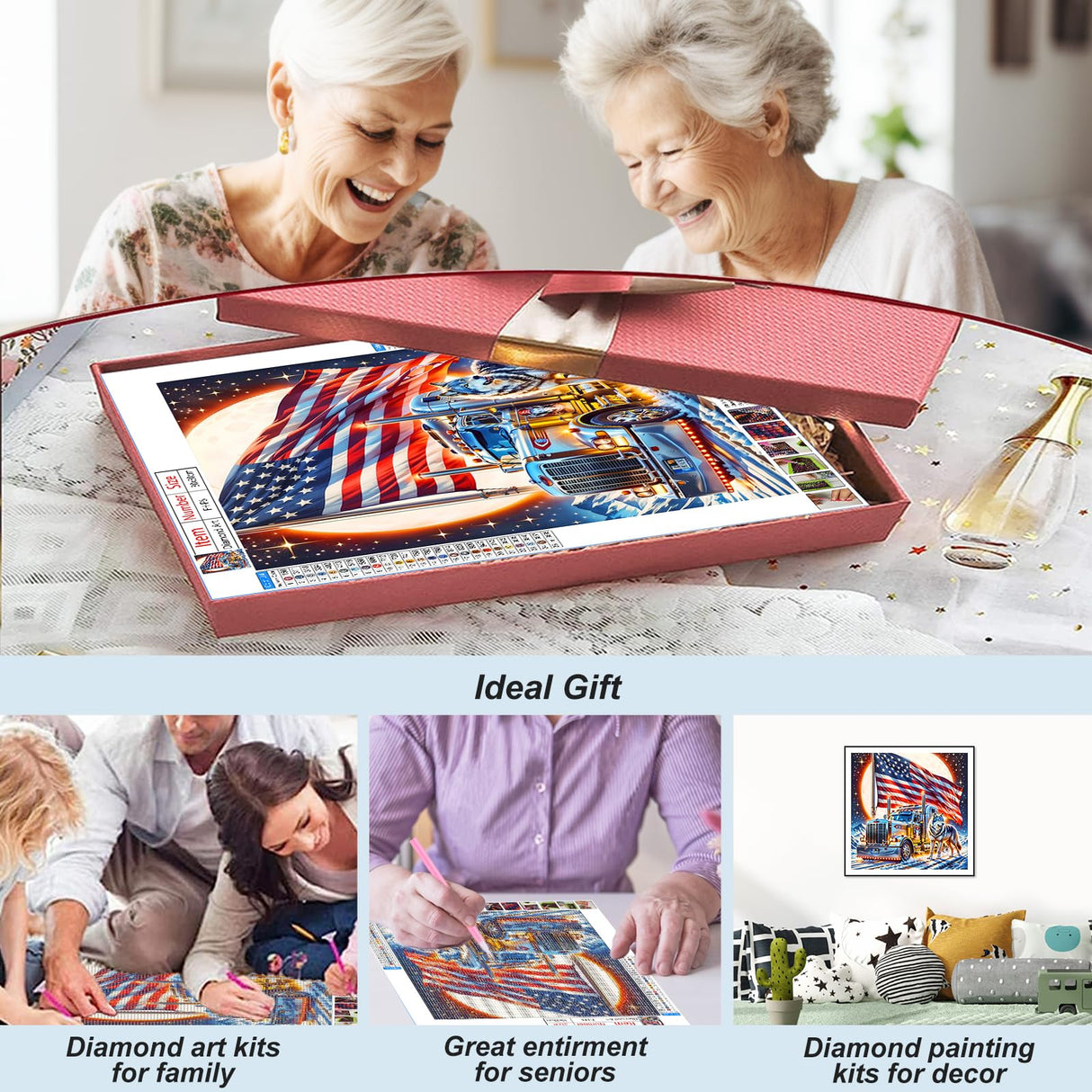 AMORARS 5D Diamond Painting Kit for Adults, American Flag Truck Diamond Art Beginners -Wolf Round Full Diamond Dot Gem Art Paintings, Suitable Gifts, and Home Decoration Crafts, 12x12Inch AMORARS