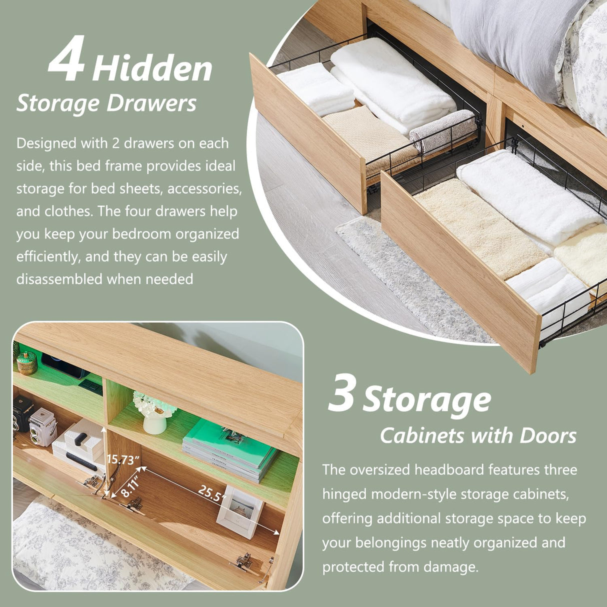 Aitjunz Modern King Size Bed Frame with 50" Tall Storage Headboard, Wood King Size Platform Bed Frame w/4 Drawers, Curved Profile Design,LED Light, Charging Station,No Box Spring Needed, Natural Oak Aitjunz