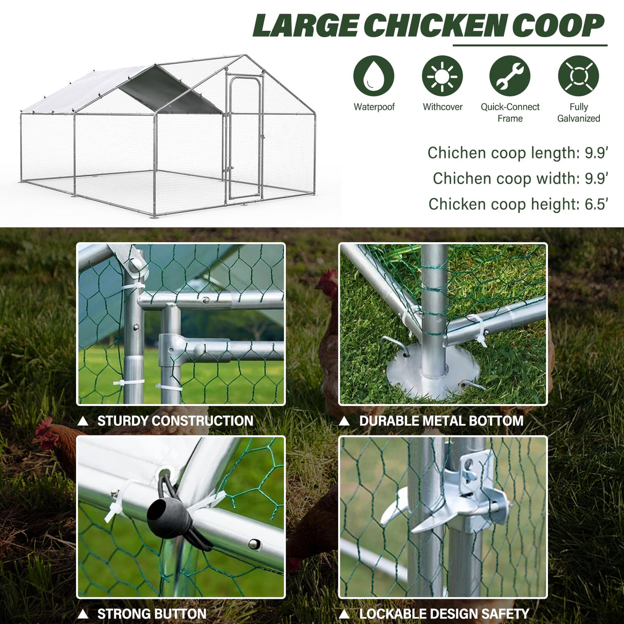 Chicken Coop Large Metal Chicken Run for Yard Chicken Pen/Cage Outdoor Walk-in Chicken House Heavy Duty Poultry Cage with Waterproof and Anti-UV Cover WoodArtSupply