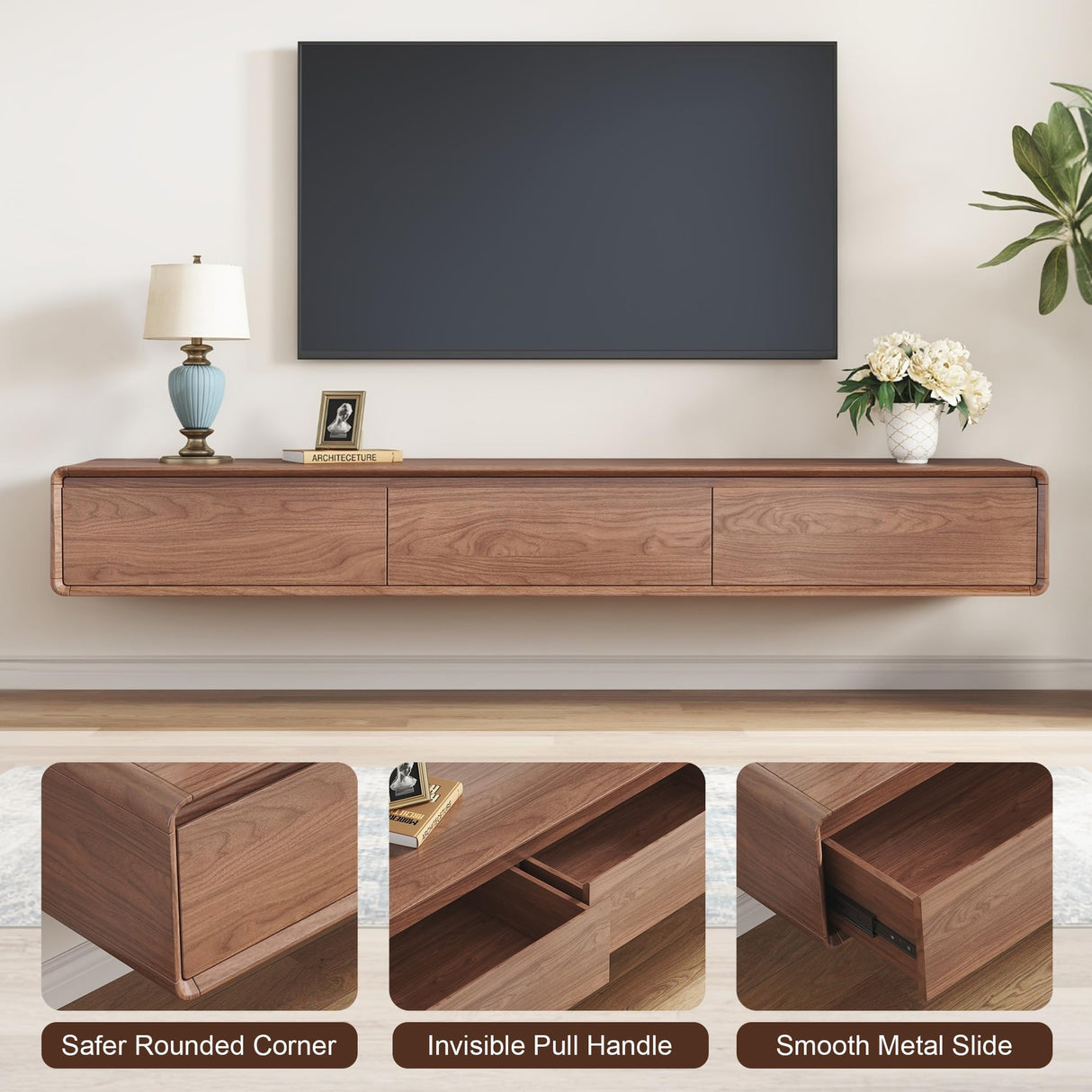 Modern Walnut TV Stand - Mid Century Floor or Floating TV Console, Versatile Entertainment Center with 3 Drawers Fits 65-75-85 Inches TV for Living Room (78.74") Etelifrank