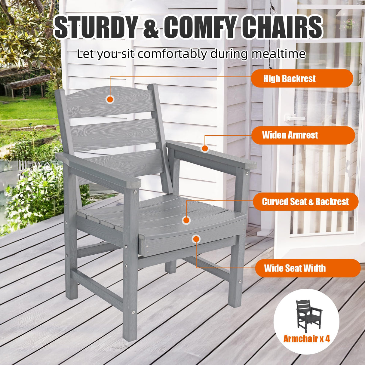 Sunnibety 5-Piece HIPS Patio Dining Set, Outdoor Dining Table and Chairs Set with Umbrella Hole, Weatherproof Dining Table Set for 6 Person, Patio Furniture Set for Outside Deck, Grey Sunnibety