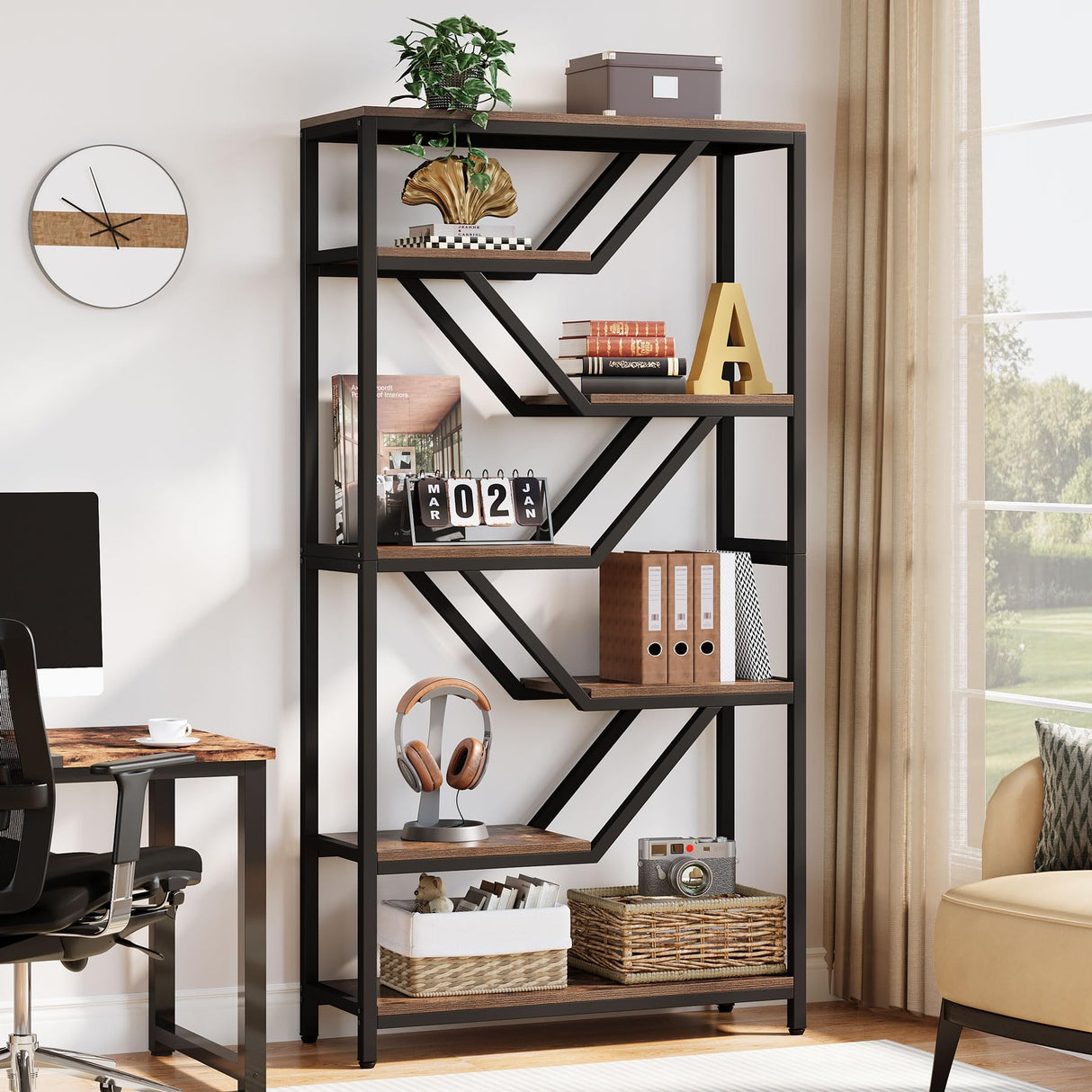 Tribesigns 6-Tier Bookshelf, 72-Inch Tall Industrial Open Storage Organizer, Freestanding Wood Display Rack with Metal Frame for Living Room, Bedroom, Home Office, Rustic Brown and Black Tribesigns