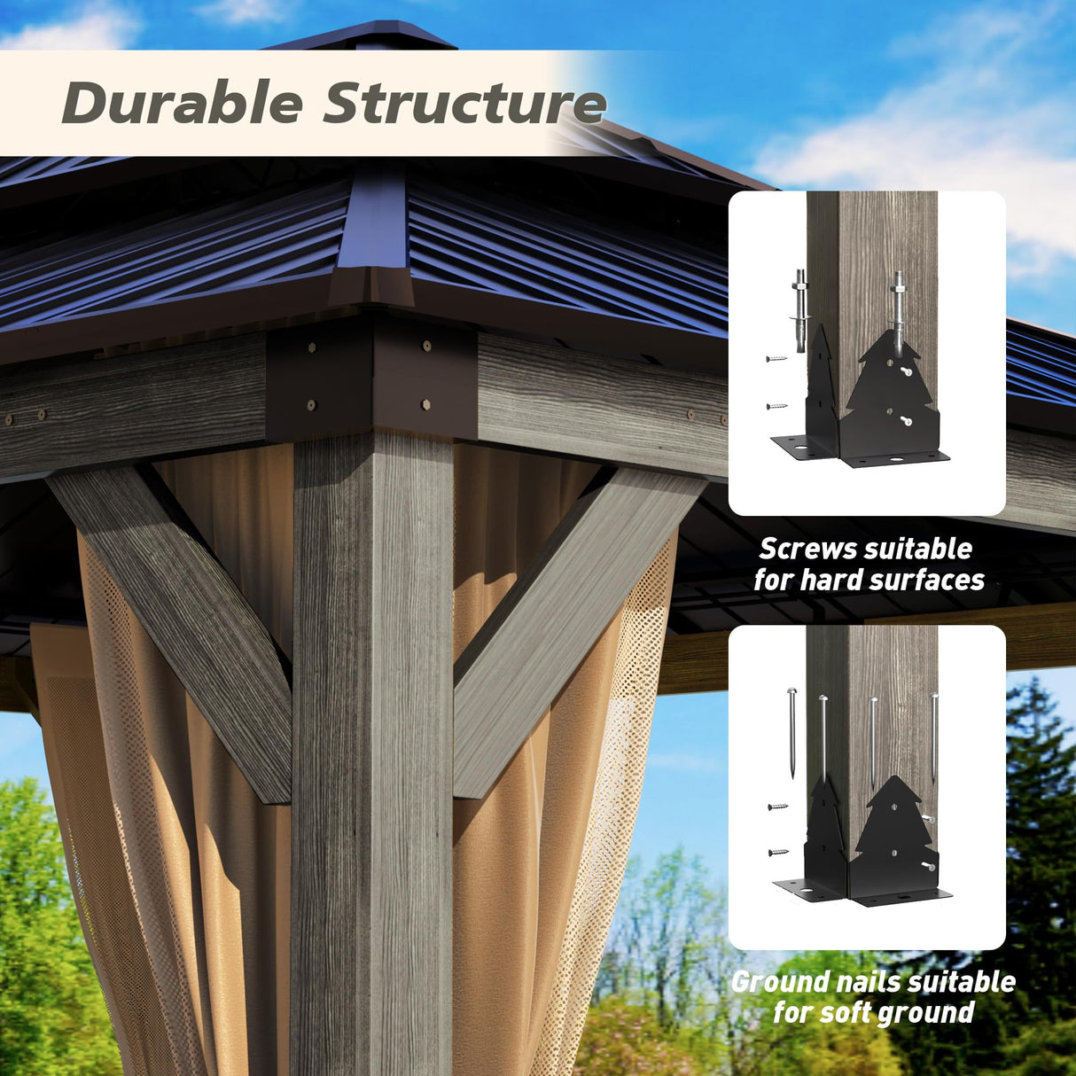 HOMPUS 10x12 FT Hardtop Wood Gazebo, Cedar Wood Frame Gazebo with Double Metal Roof, Outdoor Gazebo with Netting & Curtains, Wooden Gazebos Pavilion for Backyard, Garden, Deck, Gray HOMPUS