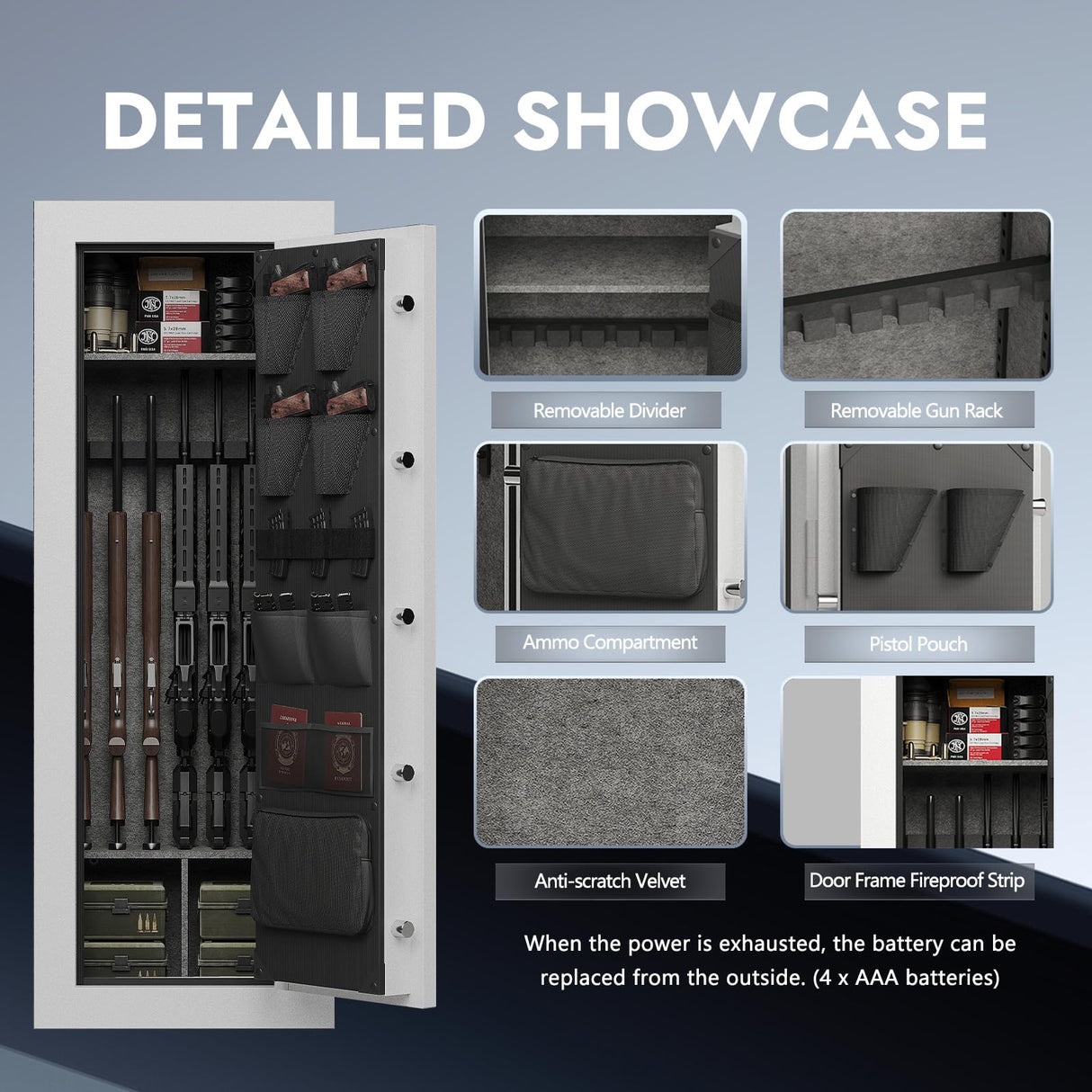 KAER Fireproof 20 Gun Safe 1400°F / 45 Minutes Biometric Gun Safe for Rifles and Pistols Rifle Safe Gun Cabinet Quick Access Gun Safes with Adjustable Shelf and Gun Rack (White) KAER