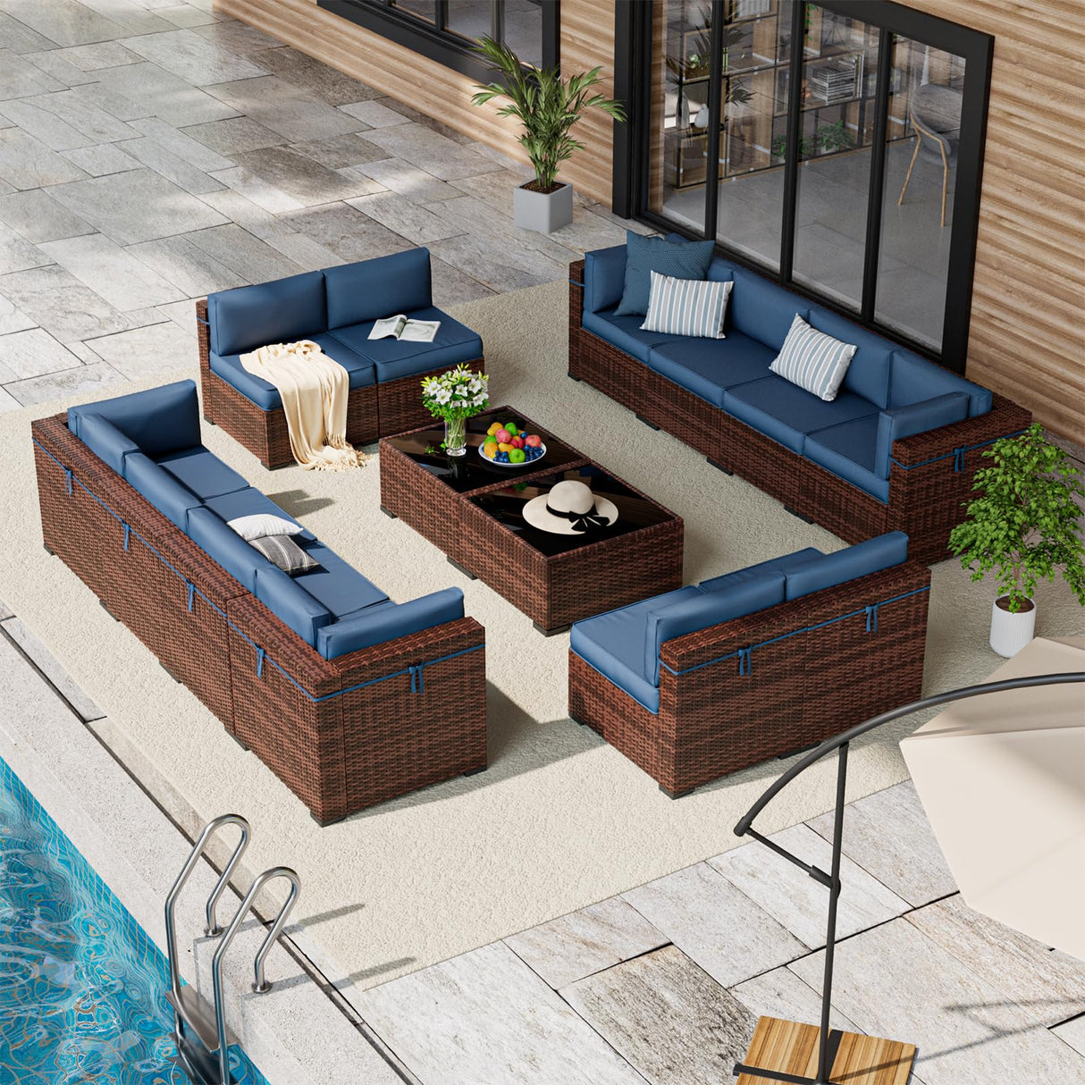 Amopatio Outdoor Patio Furniture Set, 14 Pieces PE Wicker Pit Sectional Sofa with Blue Cushions, Coffee Tables, All-Weather Covers, Patio Conversation Sets Fits Patio Deck Balcony Yard Amopatio