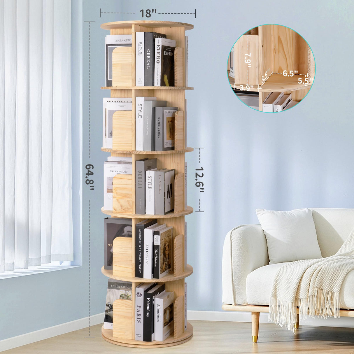Rengue Rotating Bookshelf Tower, 5 Tiers Floor Standing Bookcase Storage Rack, 360 Display Round Spinning Bookshelf with Detachable Feet for Small Space, Bedroom, Living Room, Office Rengue