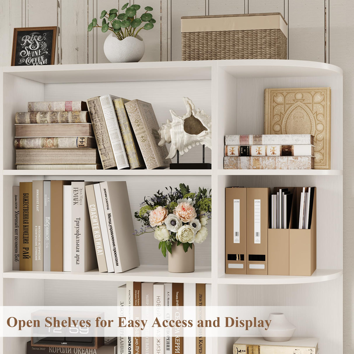 HOSTACK 75" Tall Book Shelf and Bookcase, 6 Tier Bookshelf with Storage, 47" Wide Bookcase with Doors, Freestanding Wood Display Shelves with Book Storage Cabinet for Home Office, Living Room, White HOSTACK