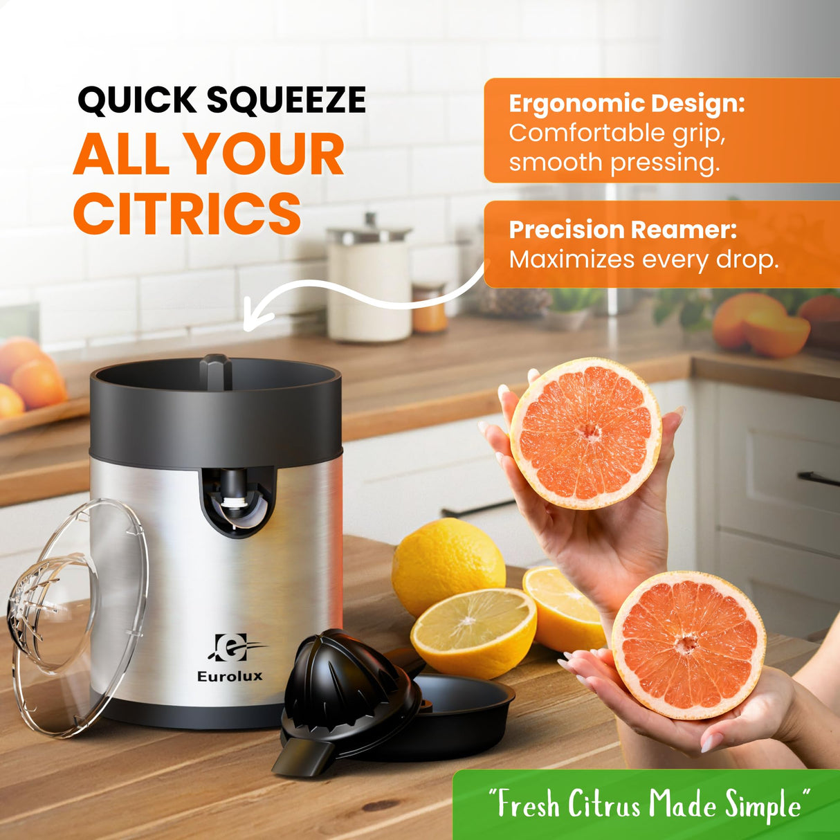 Eurolux Electric Orange Juicer, Sleek Effortless Citrus Juice Squeezer for Lemon, Lime, Grapefruit | Powerful Motor, Easy to Clean, Removable Dishwasher-Safe Parts Eurolux