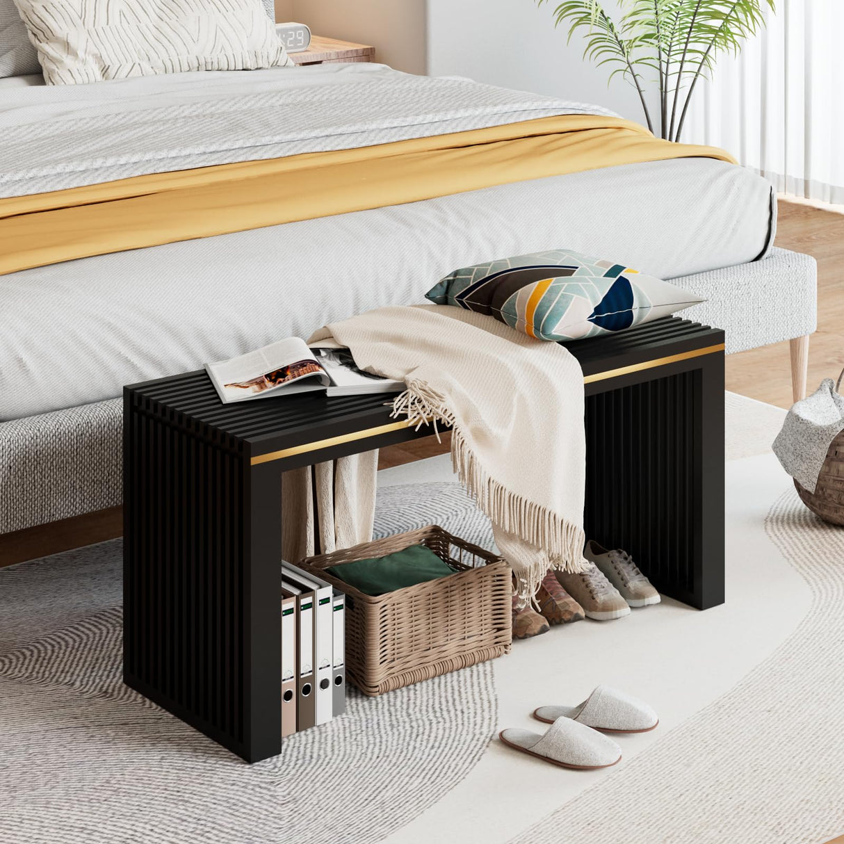 APRTAT Bamboo Dining Bench Indoor Long Bench Entryway Shoe Rack Bench,Outdoor Modern Wood Benches 35 Inch Bamboo Bench for Living Room Hallway Bedroom Bathroom Black Long APRTAT