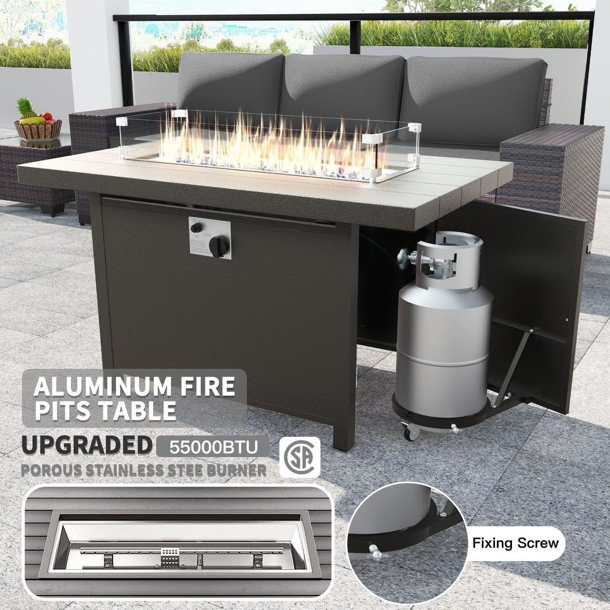 Kullavik 10 Pieces Outdoor Patio Furniture Set with 55000BTU Gas Propane Fire Pit Table,PE Wicker Rattan Sectional Sofa Patio Conversation Sets,Swivel Rocking Chairs Set,Grey Kullavik