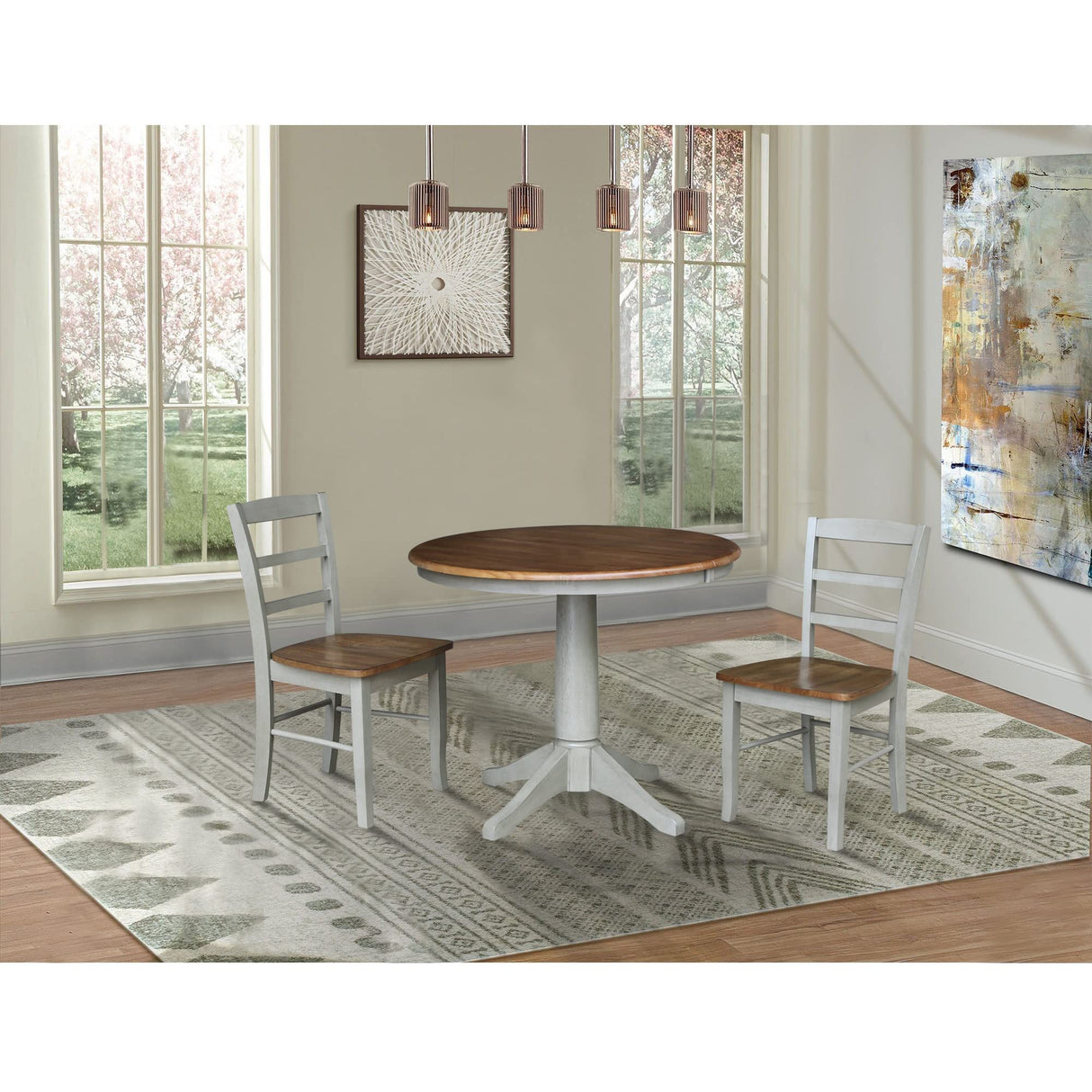IC International Concepts Set of 3 pcs-36 Round Extension Dining 2 Table and Chairs, Distressed Hickory/Stone IC International Concepts