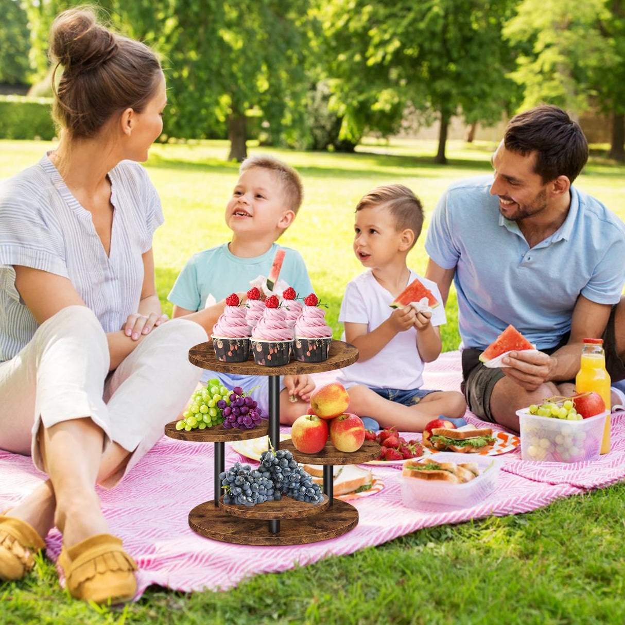 ELITEROO 4 Tier Round Cupcake Tower Stand for 50 Cupcakes, Wooden Rotatable Cake Stands with Tiered Tray, Farmhouse Wood Dessert Display Platter for Birthday Graduation Baby Shower Wedding Tea Party ELITEROO