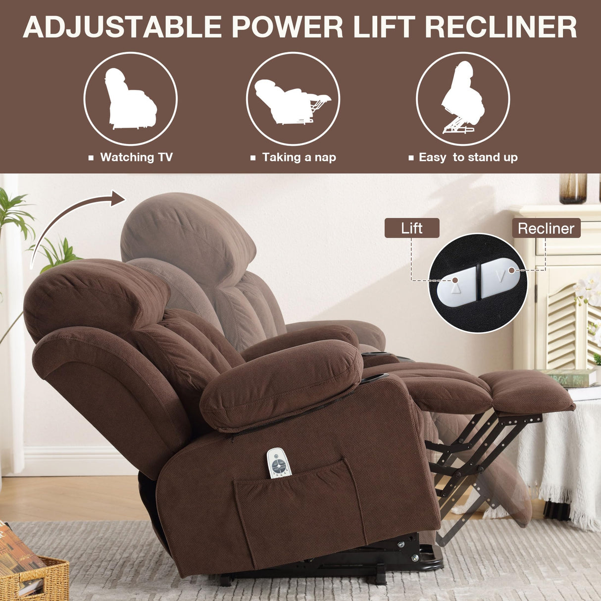 BOSMILLER Power Lift Recliner Chair with Heat and Massage Electric Fabric Recliner Chair for Elderly with Side Pocket, USB Charge Port, Remote Control for Living Room (Deep Brown) BOSMILLER