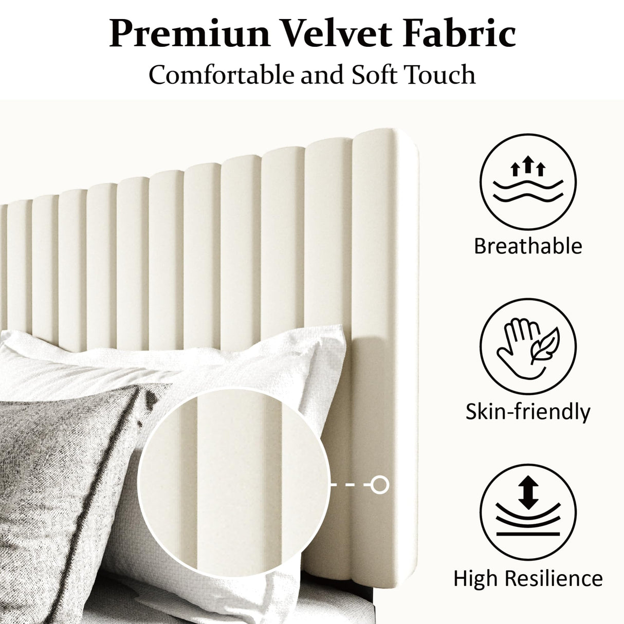 Sismplly Queen Size Bed Frame with Velvet Upholstered Headboard, Platform Bed with Strong Wood Slats, Mattress Foundation, Box Spring Optional, Easy Assembly, Beige Sismplly