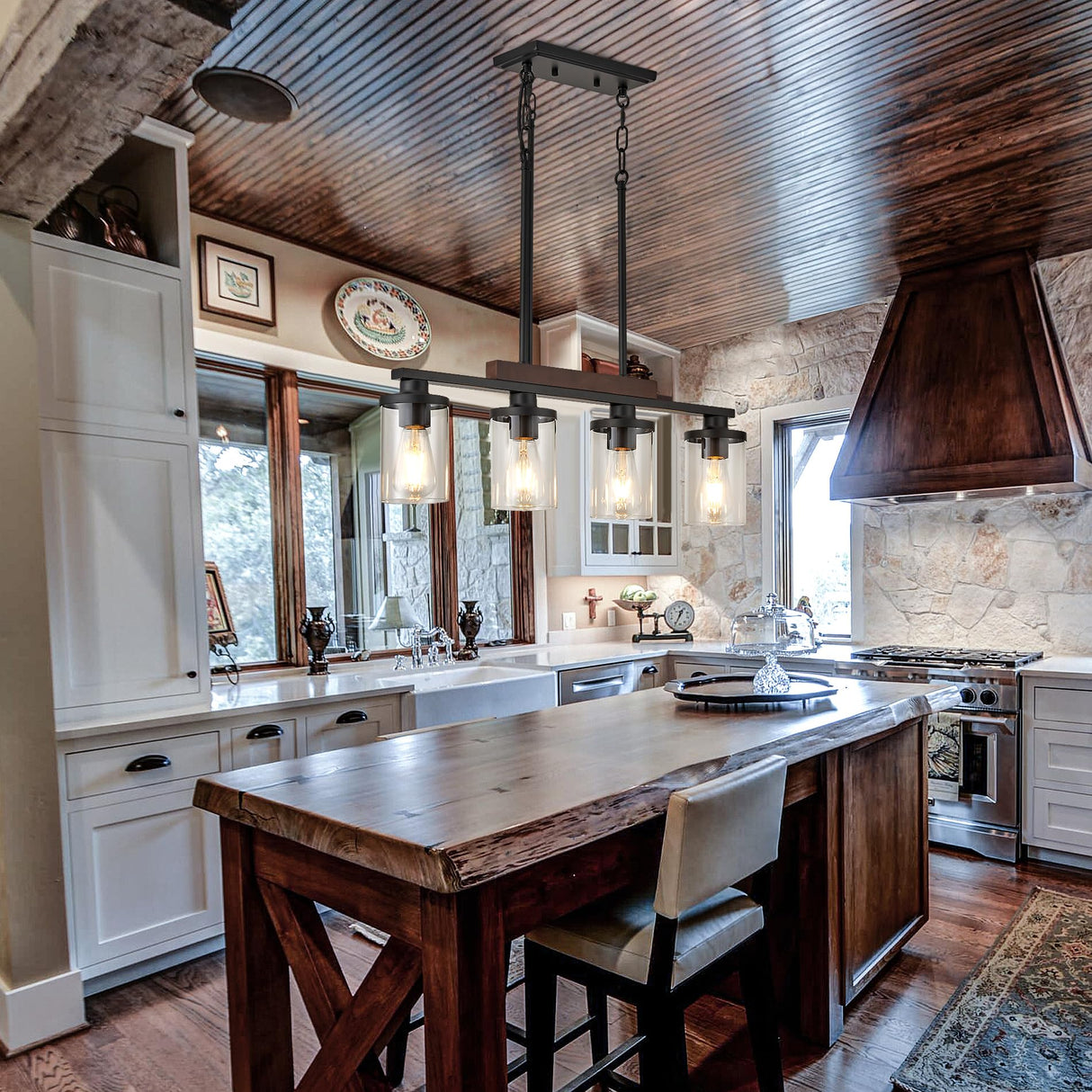 Wood Kitchen Island Lighting,4-Light Farmhouse Dining Room Light Fixture Matte Black Modern Chandeliers for Dining Room Over Table Hanging Pendant Light with Glass Shade for Bar Restaurant TWIG