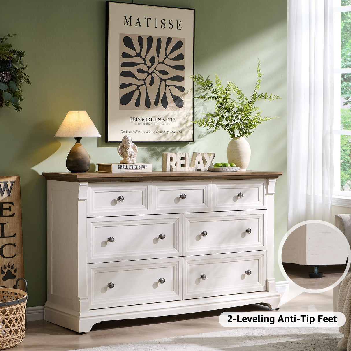 T4TREAM Farmhouse 7 Drawers Dresser for Bedroom, 54" Wide Wood Rustic Chest of Drawers w/Roman Column, Wooden Storage Dressers Organizer for Bedroom, Living Room, Closet, Antique White T4TREAM