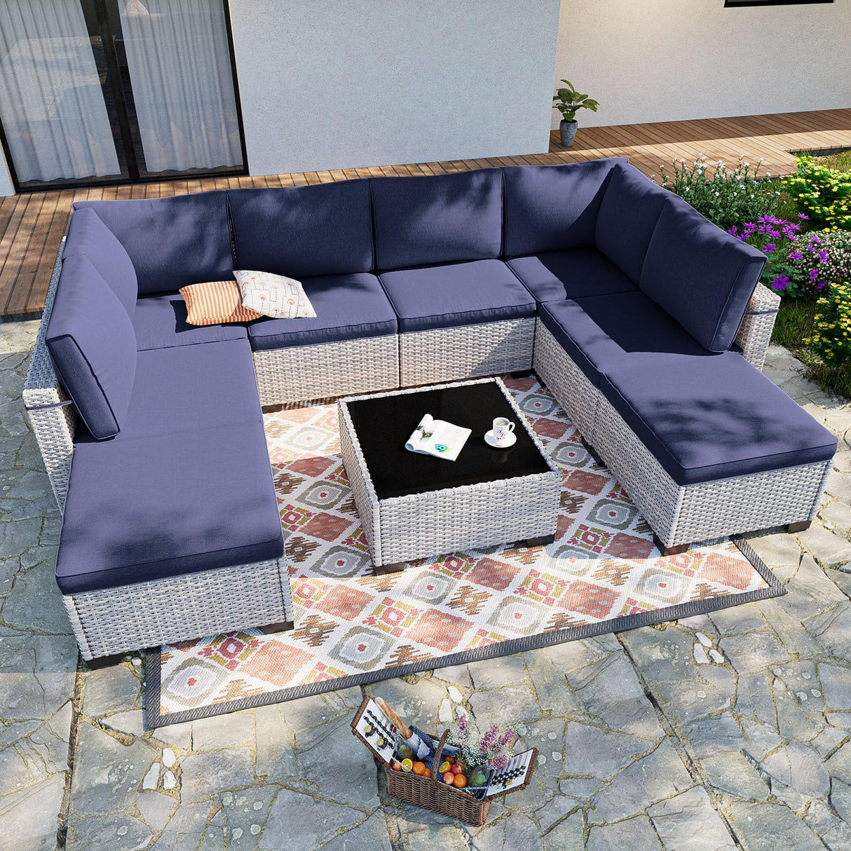 Sweecci 9-Piece Patio Furniture Set, Outdoor Sectional with Ottomans, Modular Patio Sofa, Dual-Strand Wicker Rattan, Rust-Resistant Frame, Backyard Furniture for Garden, Deck, Navy Blue Sweecci