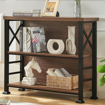 HOMBAZAAR Book Shelf,3 Tier Small Bookshelf with Metal Frame and Backboard,Rustic Brown Deep Bookcase with Engineered Wood Shelves,Short Shelf Bookcase for Living Room,Bedroom and Office