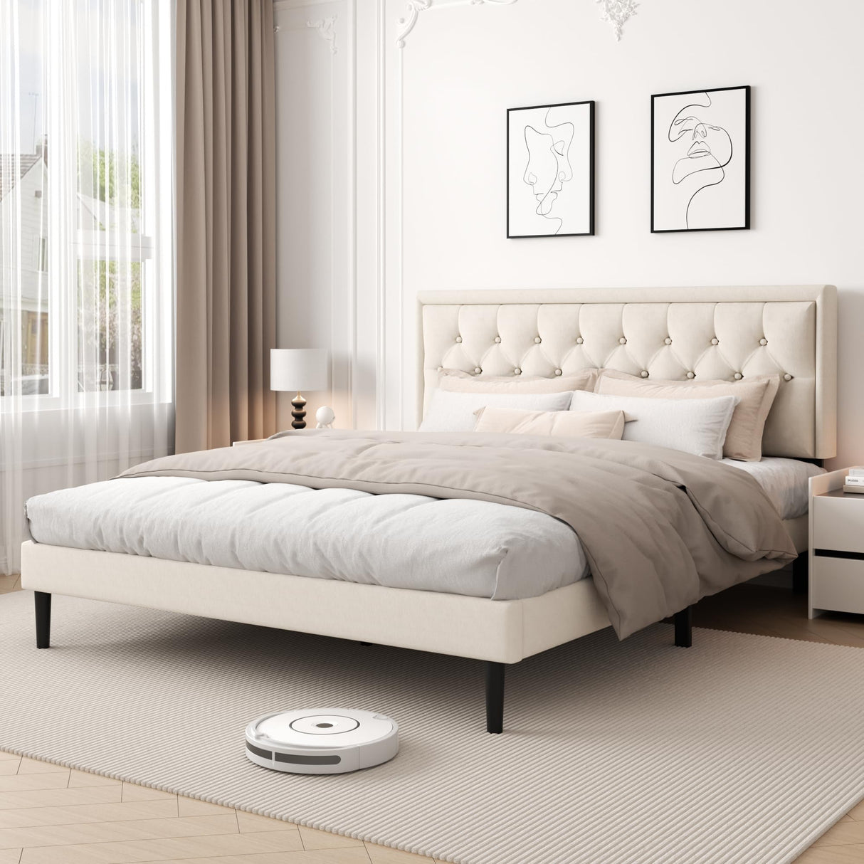CXVX King Size Platform Bed Frame with Upholstered Velvet Button Tufted Headboard, Mattress Foundation with Wooden Slat Support, No Box Spring Needed, Easy Assembly, Noise Free, Beige CXVX