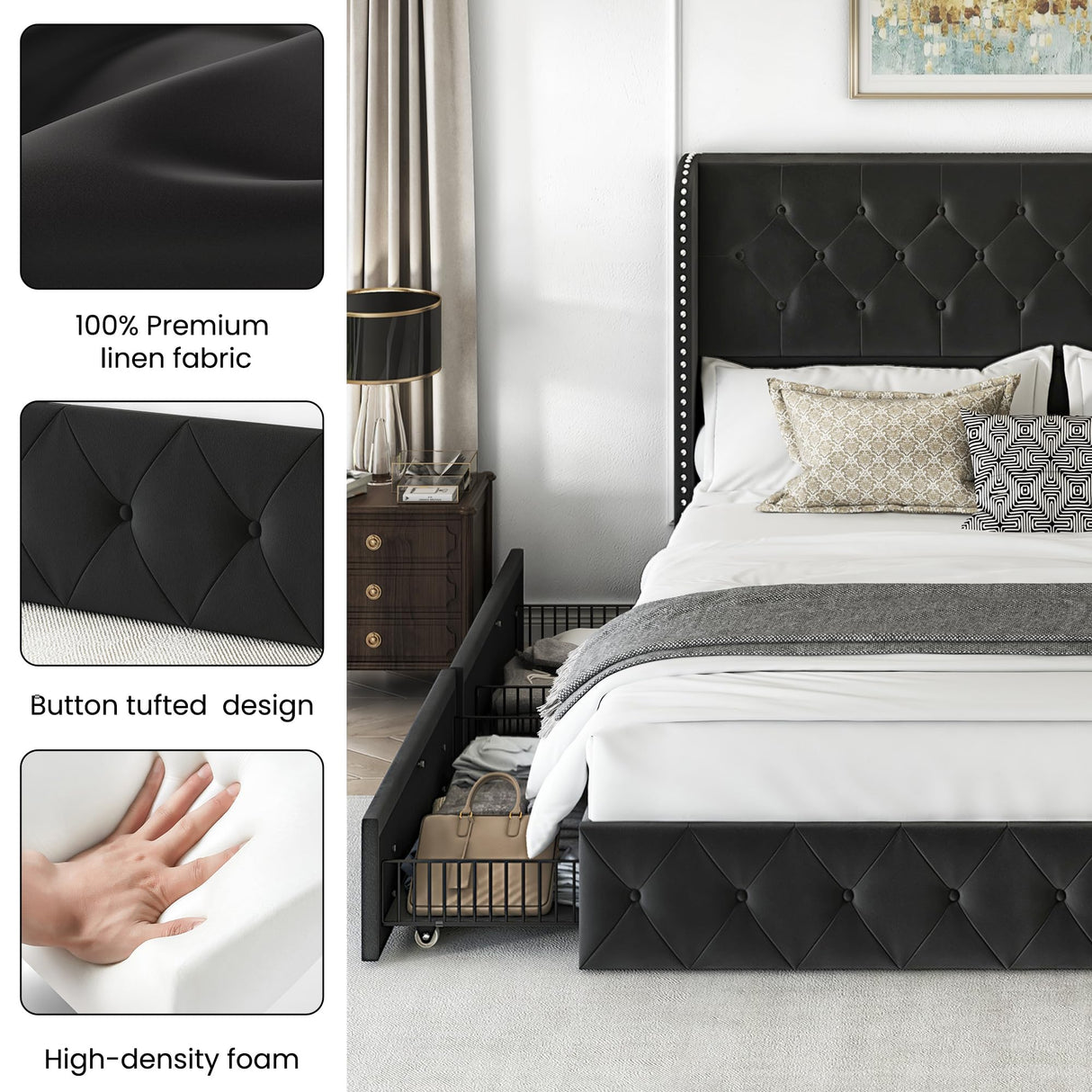 LARMACE Velvet Black King Size Bed Frame with 4 Storage Drawers and Tufted Wingback Headboard LARMACE