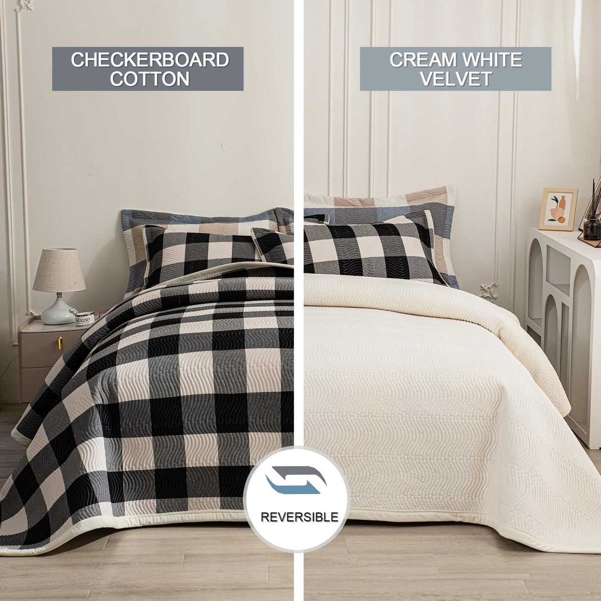 tohrisa Cotton Plaid Quilt Set, Ultra Soft 3 Pieces King Size Bedding with 2 Pillow Shams, Lightweight Reversible Coverlet Bedspread with Wave Quilting for Summer, 108"x96", Grid-Black White tohrisa