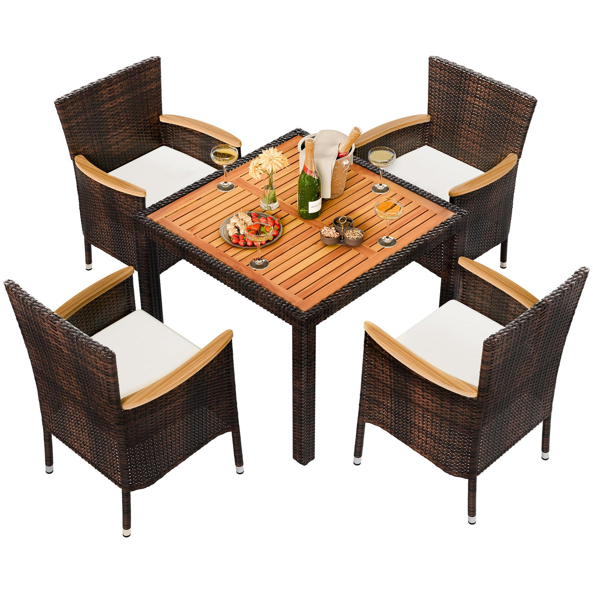 Shintenchi 5 Piece Patio Dining Set, Wicker Patio Conversation Set with Wood Table Top, Outdoor Table and Chairs with Soft Cushions for Backyard, Deck and Garden, Brown Rattan Shintenchi