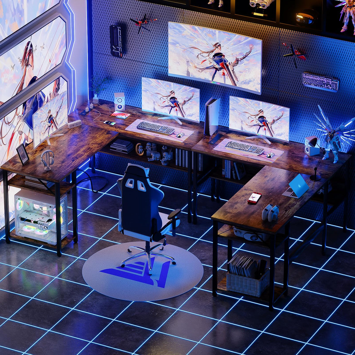 Unikito L Shaped Computer Desk with Magic Power Outlets and USB Charging Ports, Sturdy Reversible Corner Desk with Storage Shelves, Modern Work Desk for Home Office, Easy to Assemble, Rustic Brown Unikito