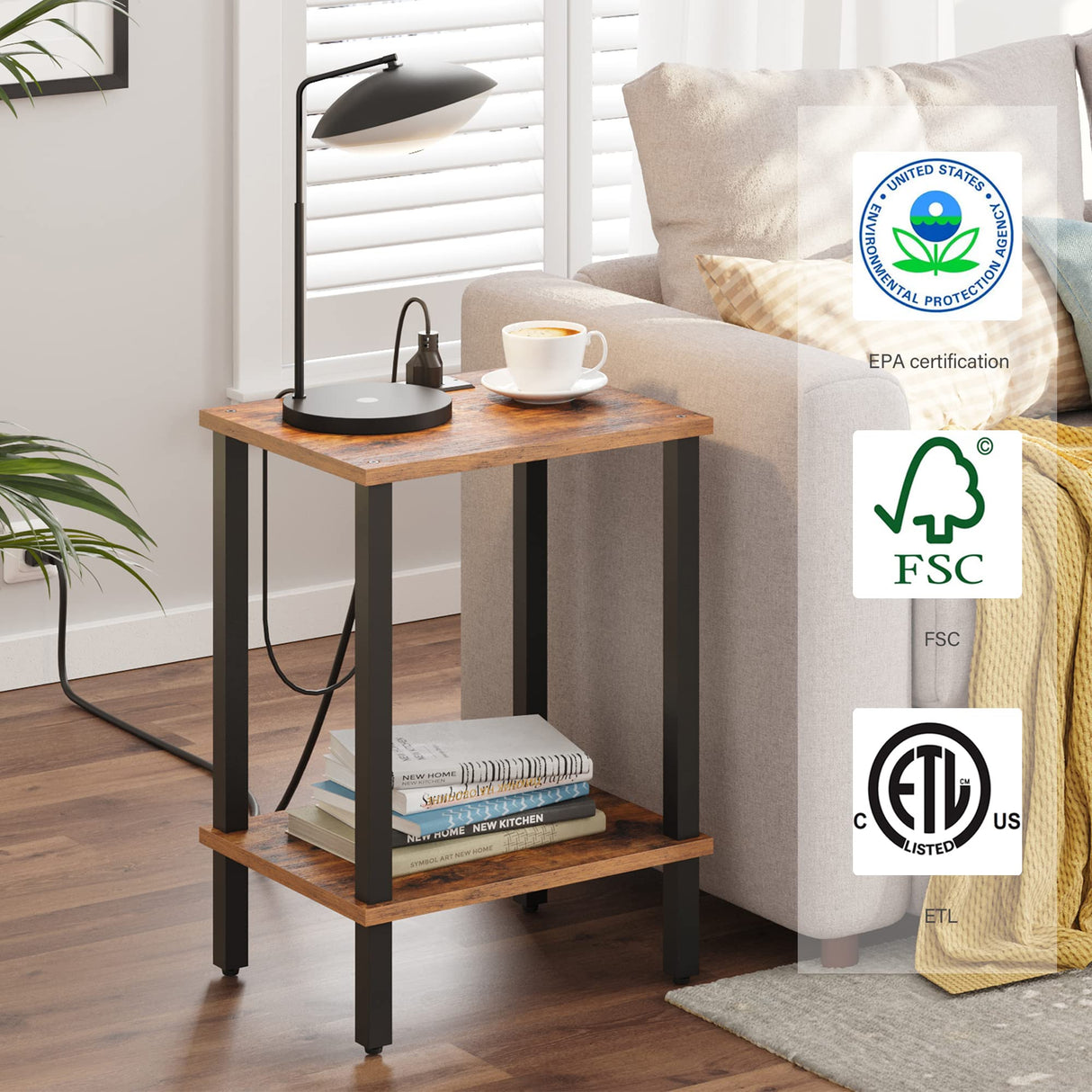 TUTOTAK End Table with Charging Station, Side Table with USB Ports and Outlets, Nightstand, 2-Tier Storage Shelf, Sofa Table for Small Space, 1 Package(2PCS) TB01BB041 TUTOTAK