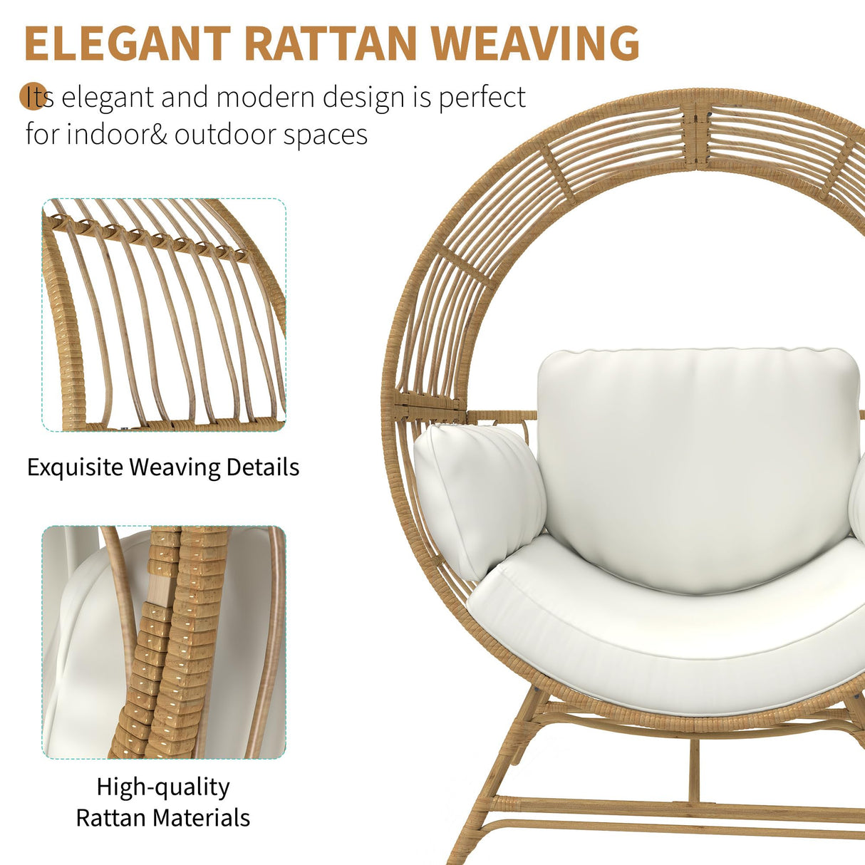 Fancyango Egg Chair Outdoor Indoor, Oversized Rattan Chair with Thicken Cushion, 510LBS Capacity Wicker Patio Lounge Chair, Basket Chair for Living Room Balcony Porch Backyard, Beige Fancyango