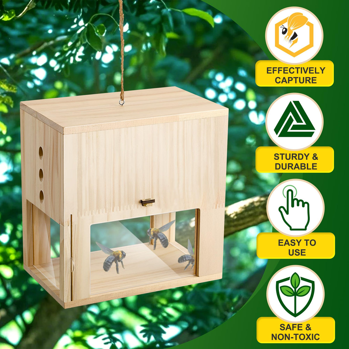 Qualirey 1 Pack Carpenter Bee Trap for Outside, 2 in 1 Catch & Release Wood Bee Traps Outdoor Hanging, Wood Boring High Capacity External Bees Vault, Defender Trap for Bees Catching Qualirey