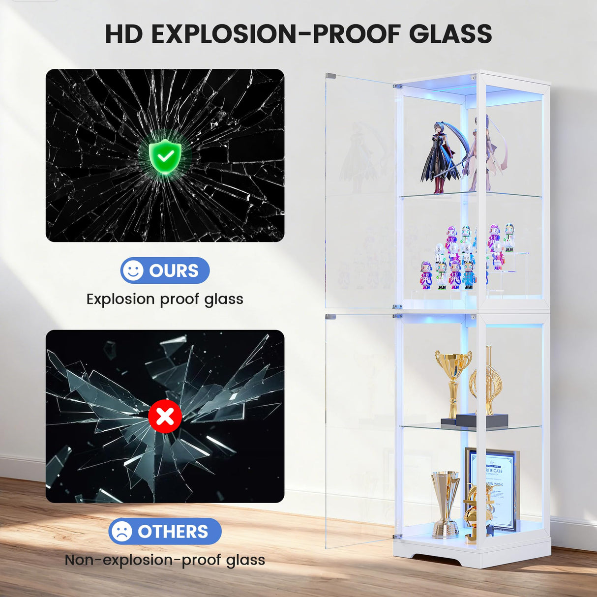 Glass Display Cabinet with Doors, 65" Tall 4-Tier Curio Display Case with 3 Color Lights and Human Body Sensor, Bookcase for Collectibles, White TAGELIER