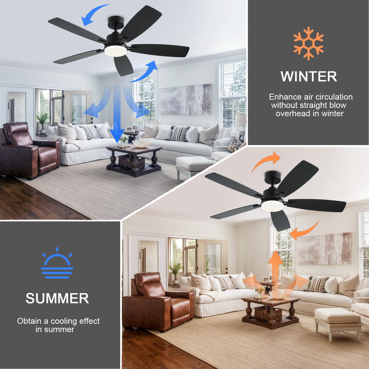 NKPU 52 Inch Ceiling Fans with Lights and Remote/App Control, Low Profile Ceiling Fan with 2 Downrods, DC Reversible, Dimmable, Dual-Sided Blades Modern Black Ceiling Fan for Bedroom Livingroom NKPU