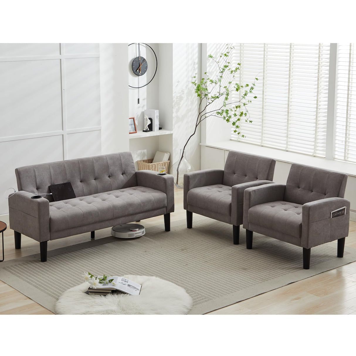 TYBOATLE Sofa Couch, Living Room Furniture Sectional Sofa Sets 3 Pcs, Tufted Mid-Century Loveseat w/USB, Cupholders & Comfy Single Sofa for Small Space, Apartment, Office (Light Grey) TYBOATLE