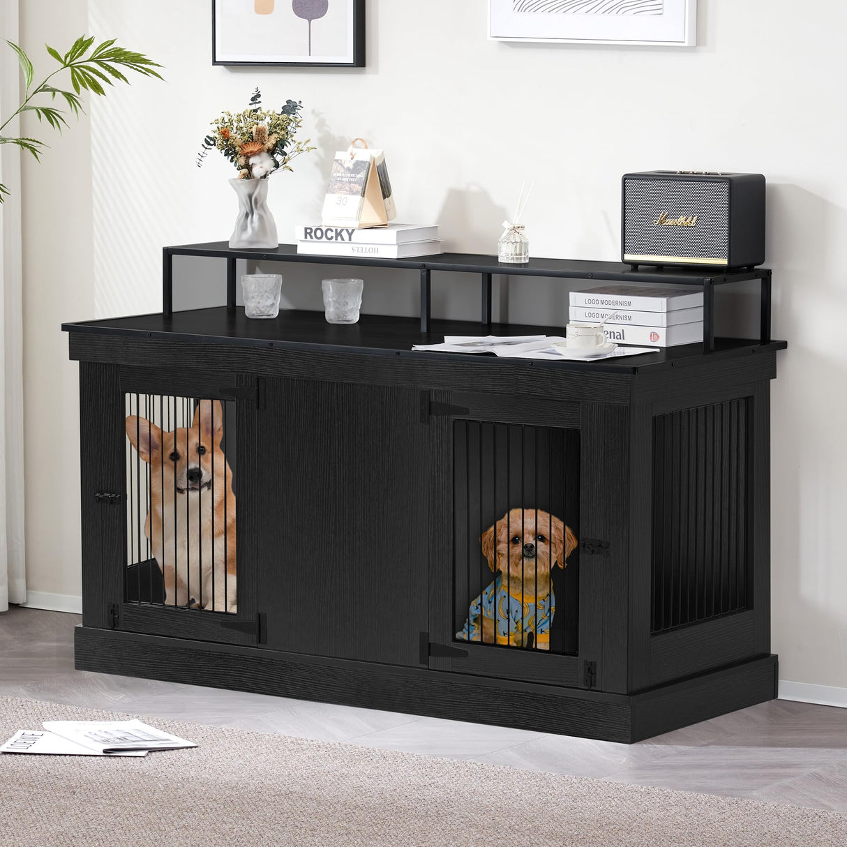 MCombo Large Dog Crate Furniture TV Stand, Wooden Dog Kennel with Double Doors, Indoor Furniture Style Dog Crate House End Table, 1861 (Black) MCombo