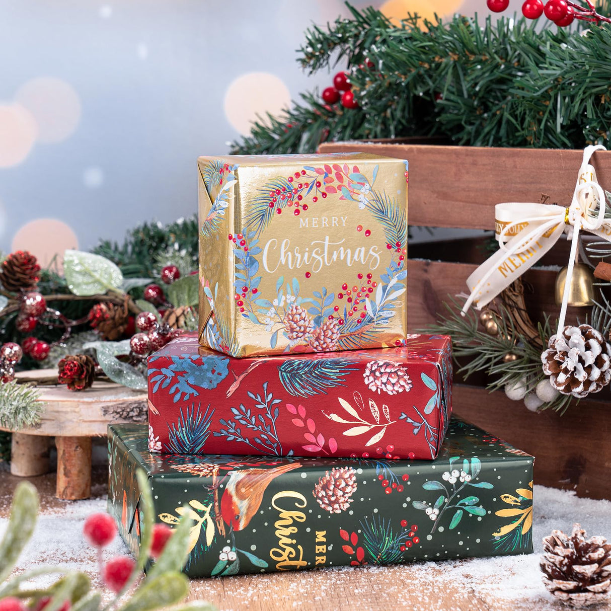 WRAPAHOLIC Christmas Wrapping Paper Roll - Mini Roll - 3 Rolls - 17 Inch x 120 Inch Per Roll - Bird, Christmas Garland, Holly and Pinecones Holiday Design with Metallic Foil Shine WRAPAHOLIC