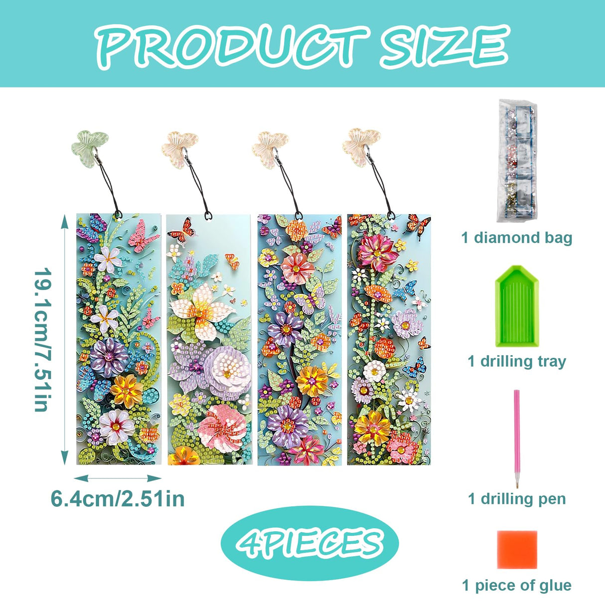 RUIFUU 4 Pcs 5D Flowers and Butterfly Diamond Art Bookmarks,DIY Diamond Painting Book Marks with Rhinestone Tassel for Graduation Birthday Reader Gifts RUIFUU