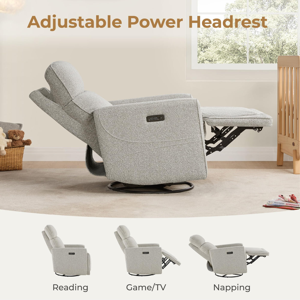 CHITA Electronic Power Recliner Chair Swivel Glider, FSC Certified Modern Nursery Rocking Chair with USB and Type-C Ports, Light Grey CHITA