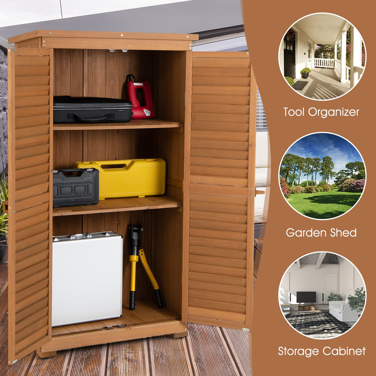 Goplus Outdoor Storage Cabinet, 63" Wood Garden Tool Shed with Double Lockable Doors, 3 Shelves and Asphalt Roof, Multipurpose Storage Shed for Patio Lawn Garden Yard, Natural Goplus