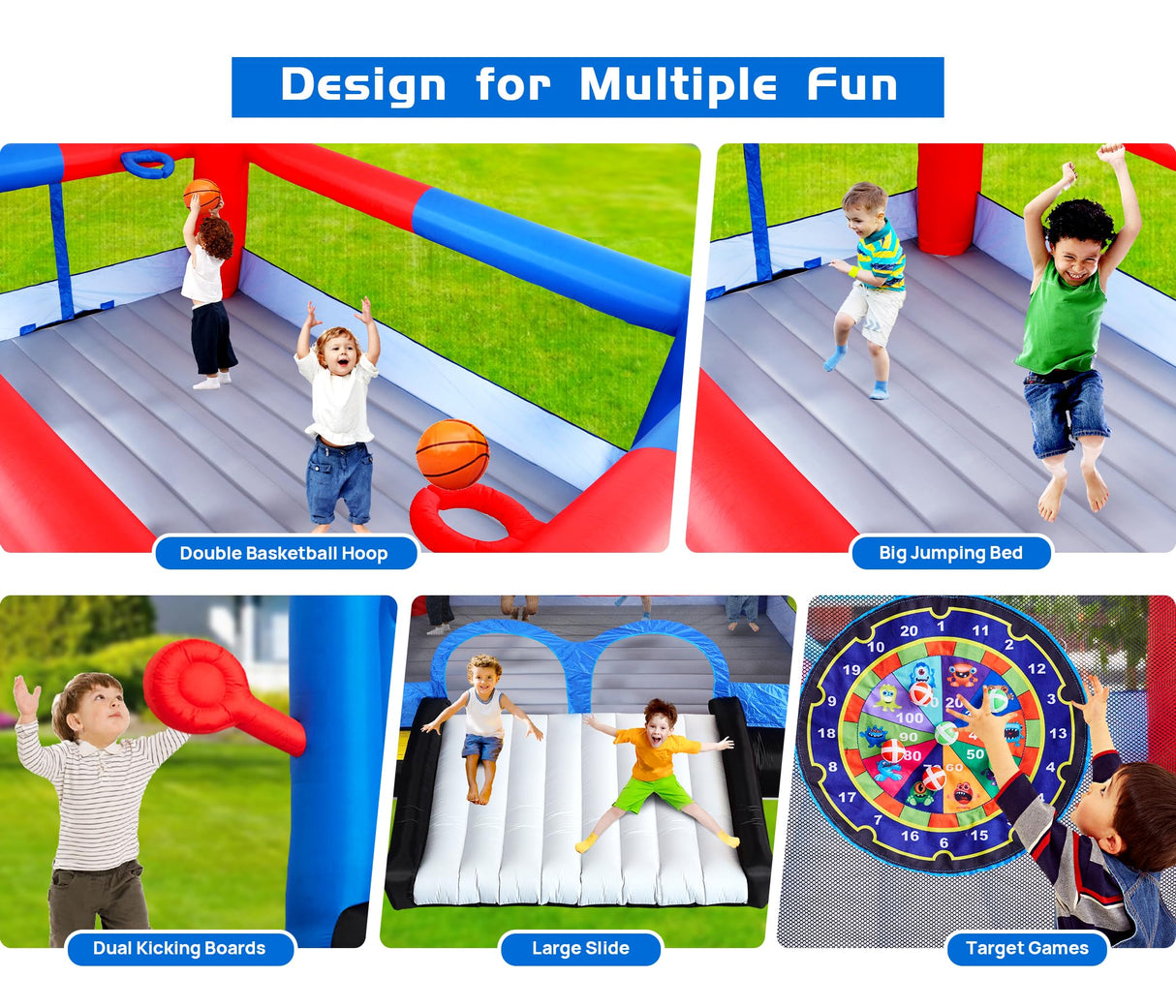 WELLFUNTIME Inflatable Bounce House with Slide, 15.3ft x 14.7ft, Jumping Castle with Blower, Dartboard, Dual Basketball Hoop, Dual Kicking Boards, Jumping Area for 6 Kids WELLFUNTIME
