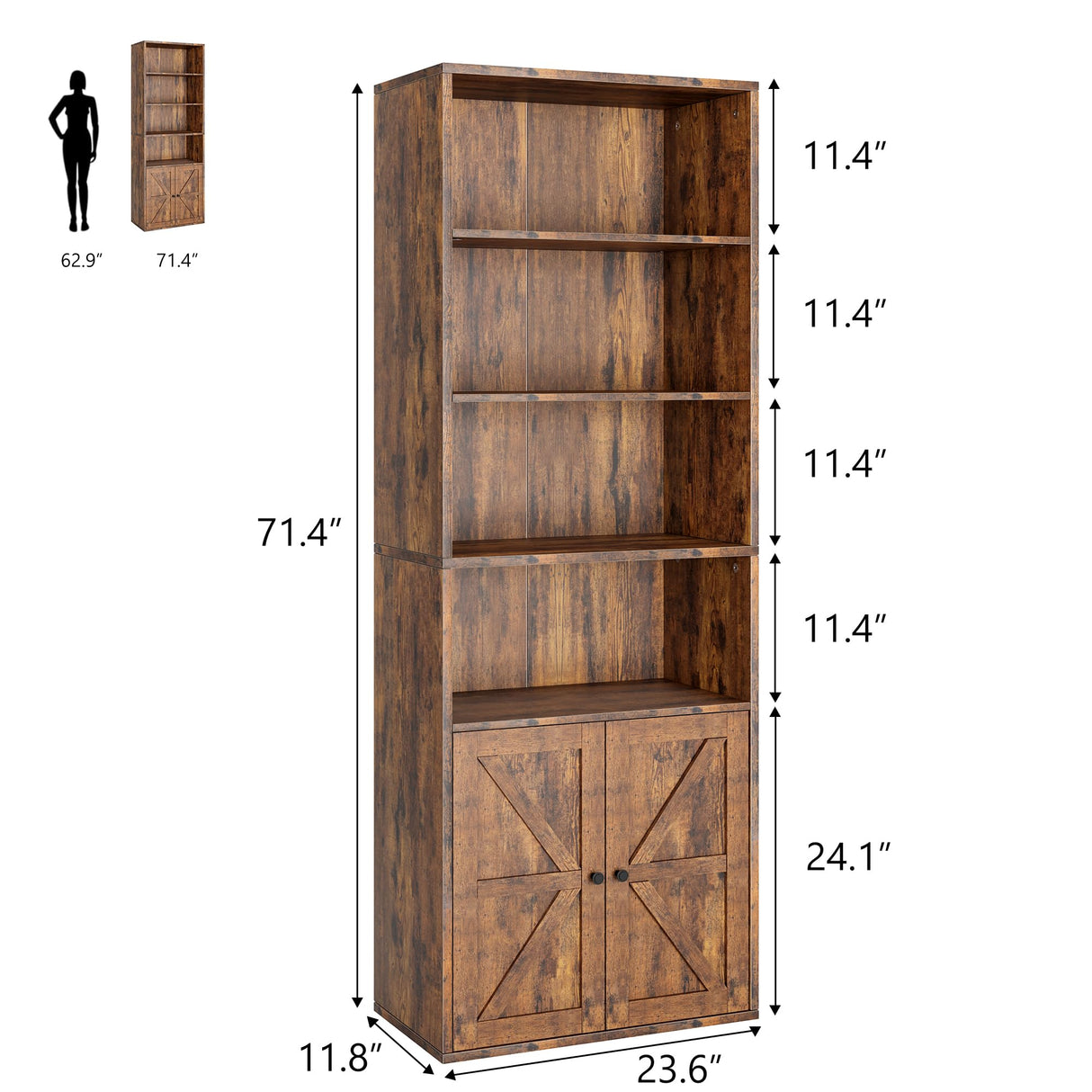 IDEALHOUSE Bookcase with Doors Industrial Bookshelf 11.8in Depth Display Storage Shelves 71.4in Tall Farmhouse Bookcases Wooden 6 Shelf Bookshelvels for Bedroom, Living Room, Home Office IDEALHOUSE