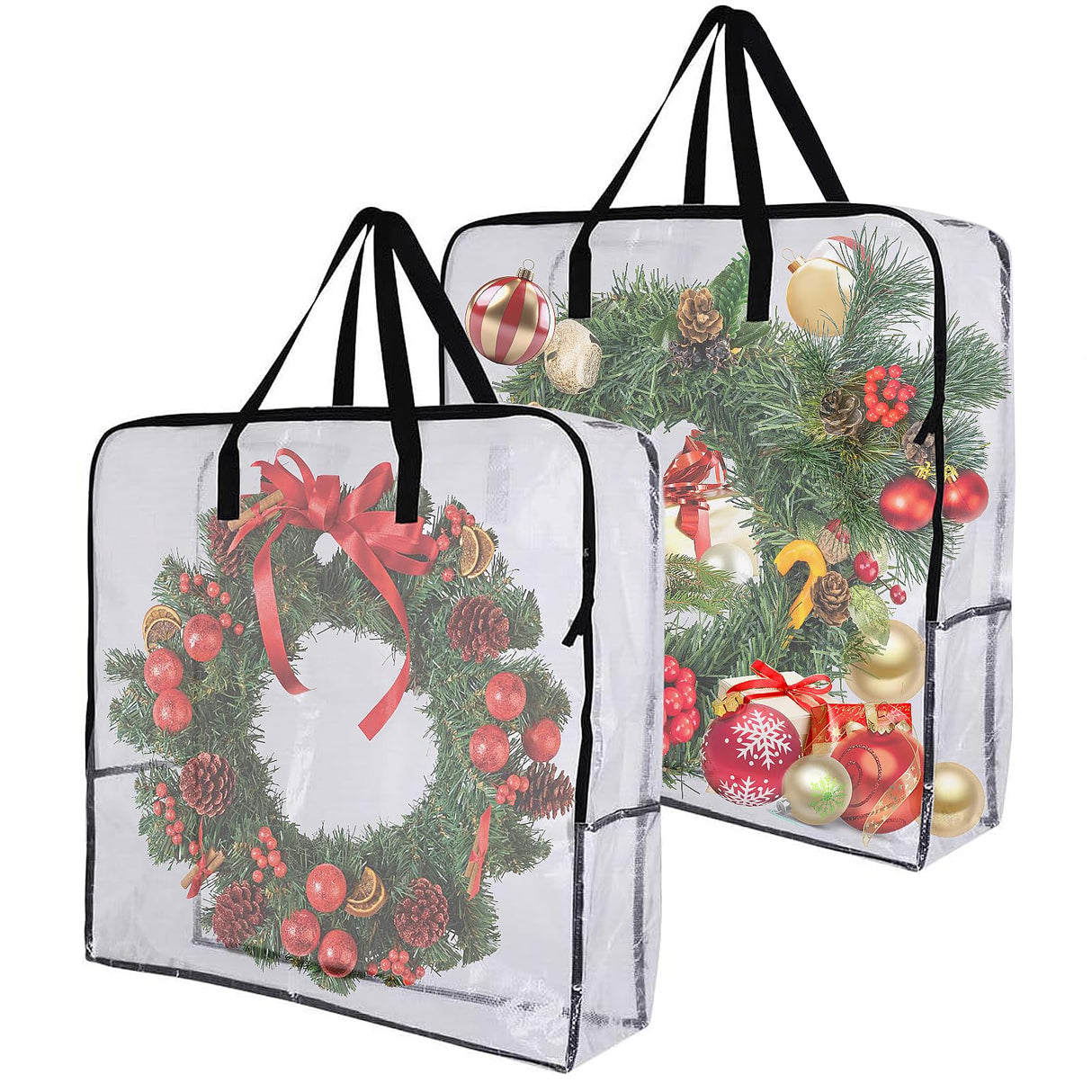 Tiltol 2 Pack 25 inches Wreath Storage Container,Extra Large Transparent Rectangular Christmas Ornament Storage Bags with Zipper and Handles,Perfect for Wreaths,Garlands,Gifts,Waterproof,Foldable Tiltol