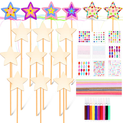 57 Pcs Star Princess Fairy Wands Kit Make Your Own Princess DIY Art Craft Magical Wand Include 18 Star Wooden Fairy 9 Gem Stickers 20 Ribbons 10 Markers Party Supply